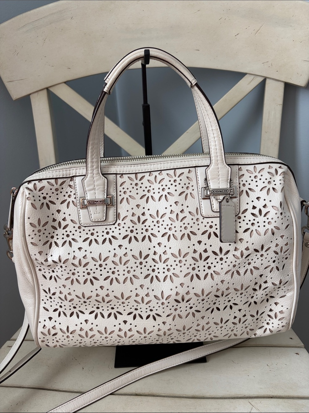 Coach Cream Laser-Cut Leather Satchel with Shoulder Strap